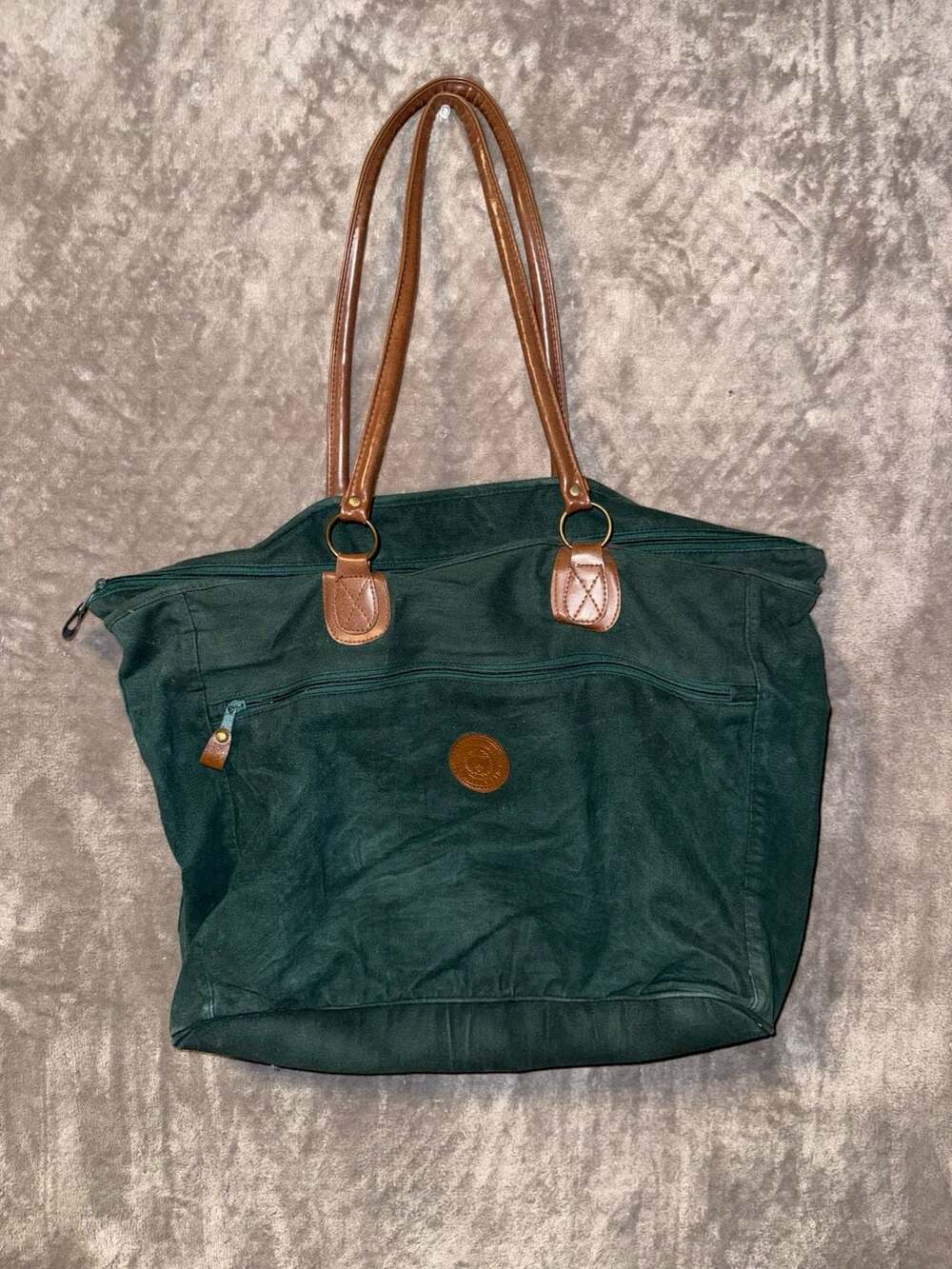 Vintage Shane Collection Green Canvas and Brown Leather Tote Travel Bag